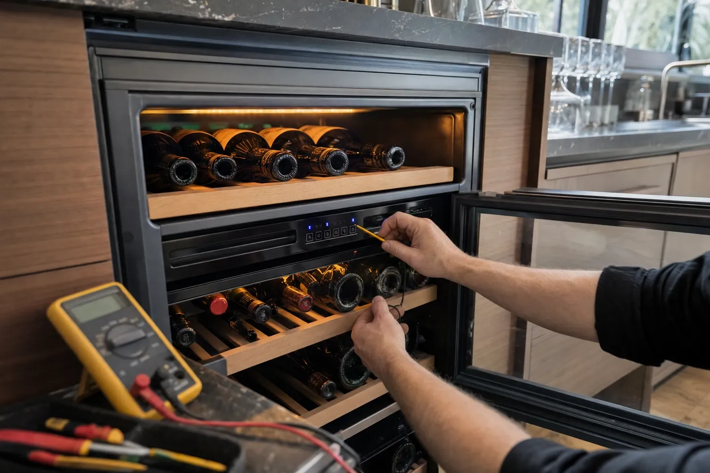 Hands at the control panel of a built-in wine cabinet with its glass door removed, a yellow multimeter in the foreground
