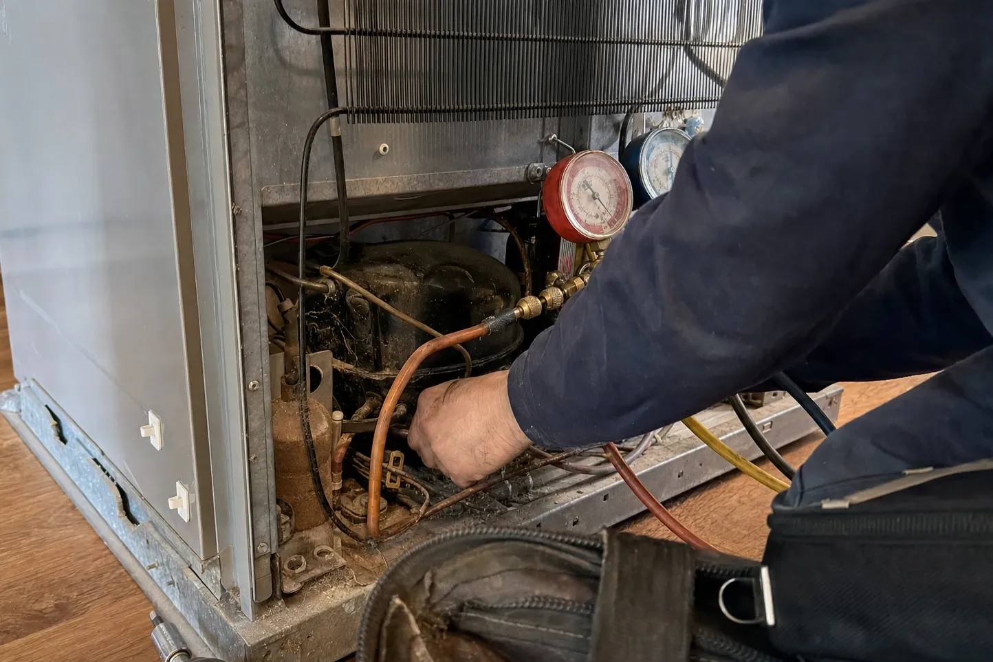 Close view of the back of a pulled-out unit: finned condenser, dust-coated compressor and copper lines with a manifold gauge set connected