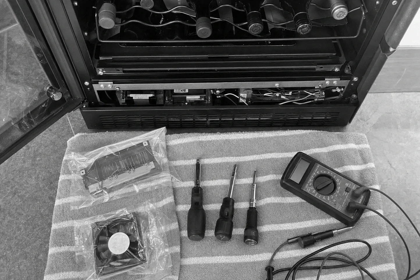 Overhead monochrome view of a glass-door wine unit with its plinth open, two bagged spare parts, three nut drivers and a meter on a towel