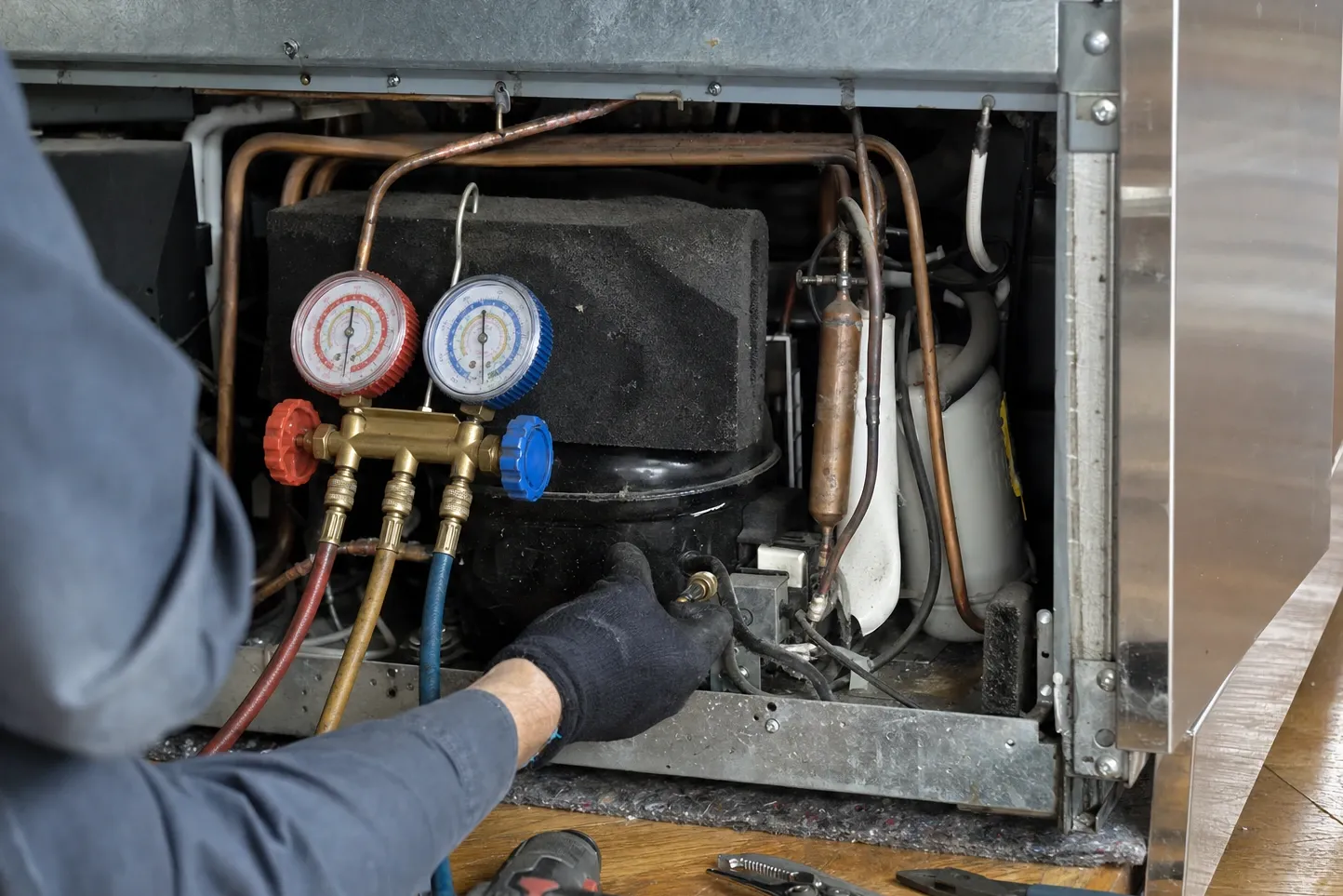Compressor wrapped in a black sound blanket inside a machine compartment, a manifold gauge set hooked over the copper line and a gloved hand at the valve